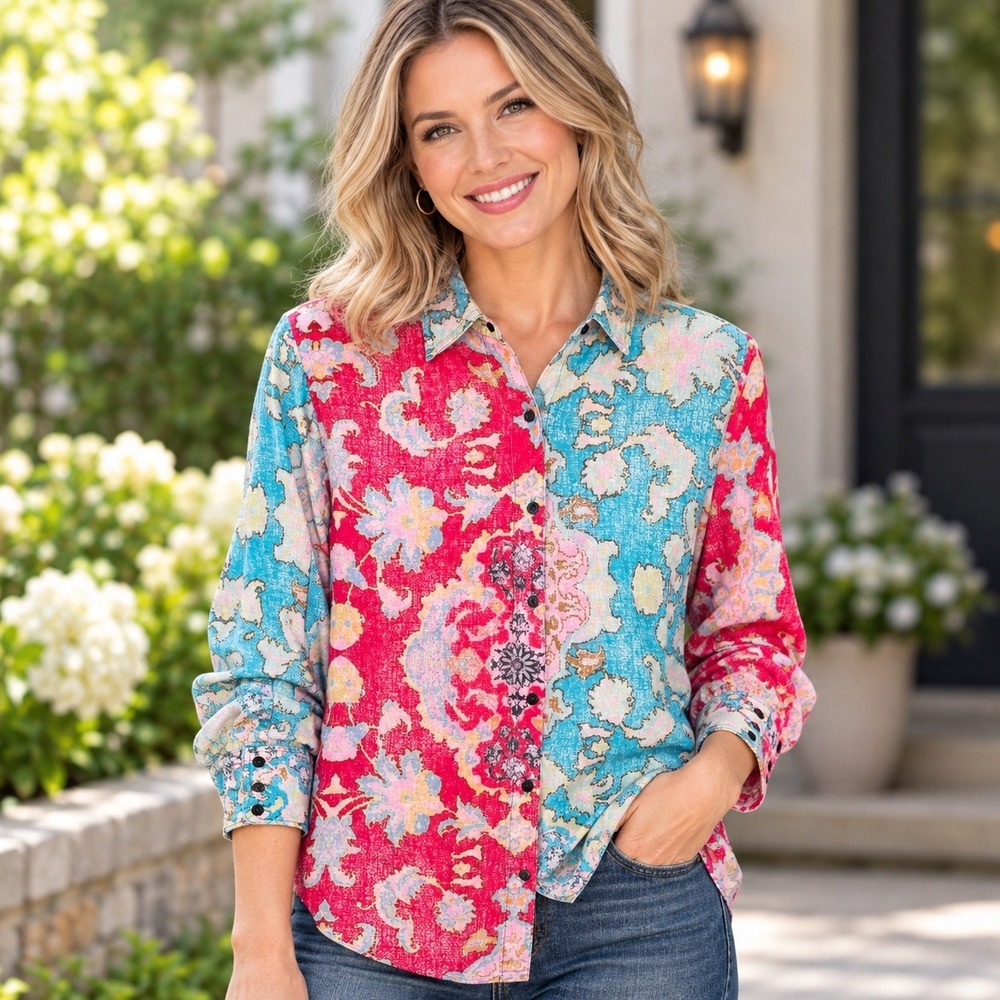 Time for Me Womens Large Pink Blue Paisley Floral Viscose Button Down Shirt L